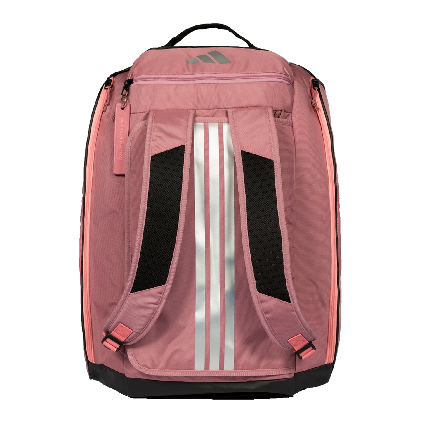 Pink adidas Padel bag with a silver lines on a white background