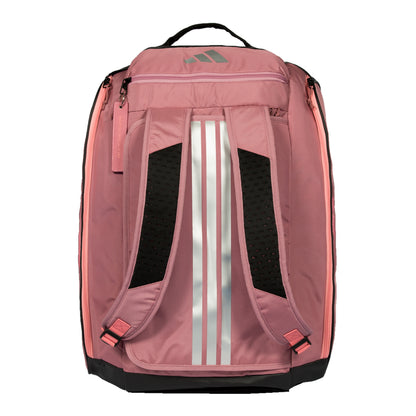 Pink adidas Padel bag with a silver lines on a white background