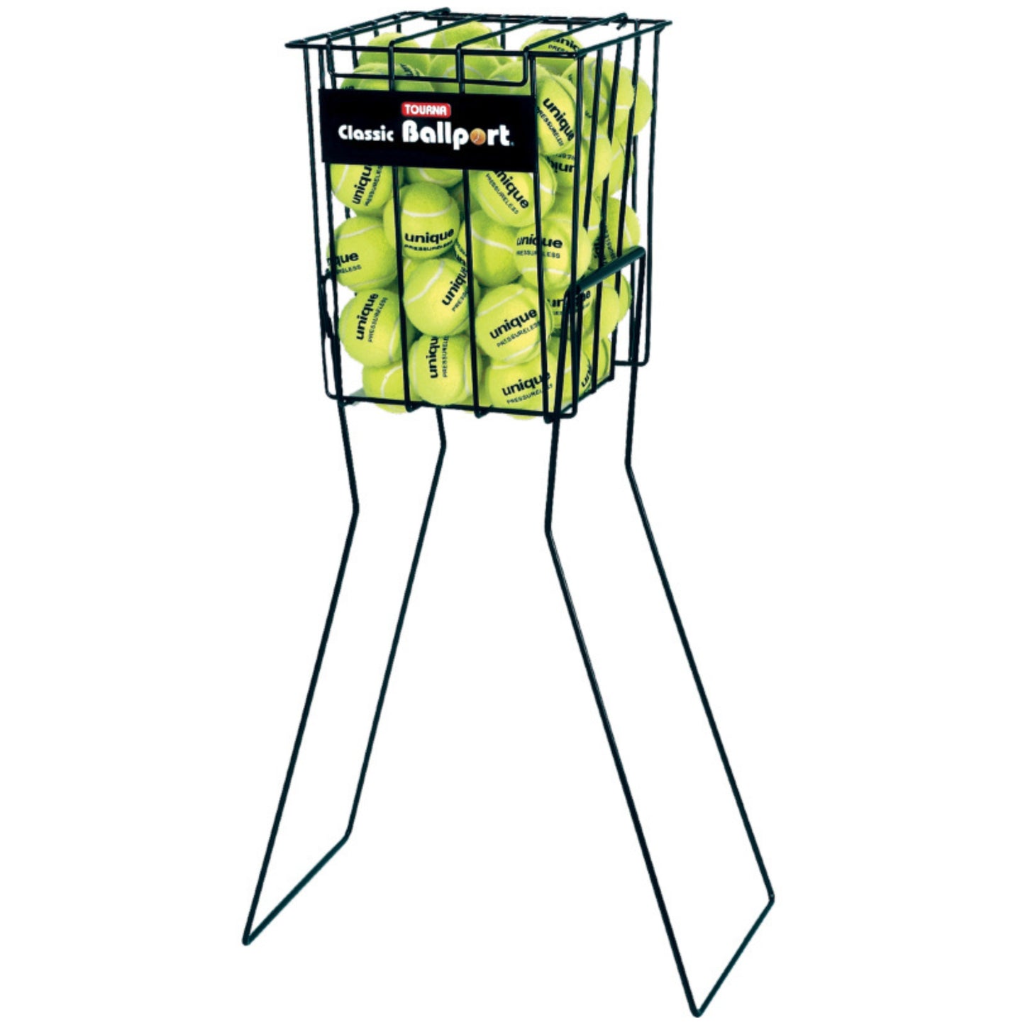 Basket of tennis balls with a stand on a white background