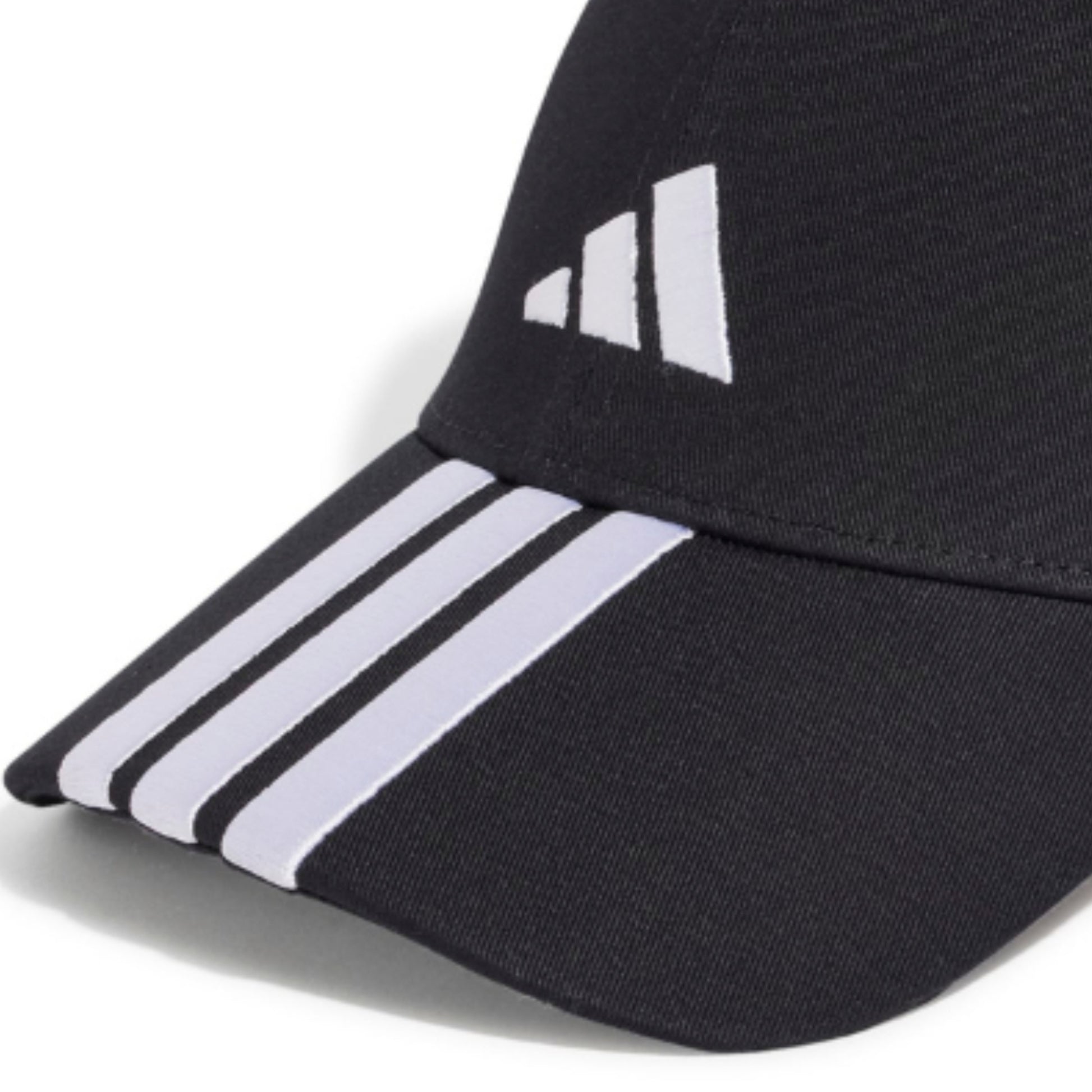 Black cap with white stripes and Adidas logo on a white background