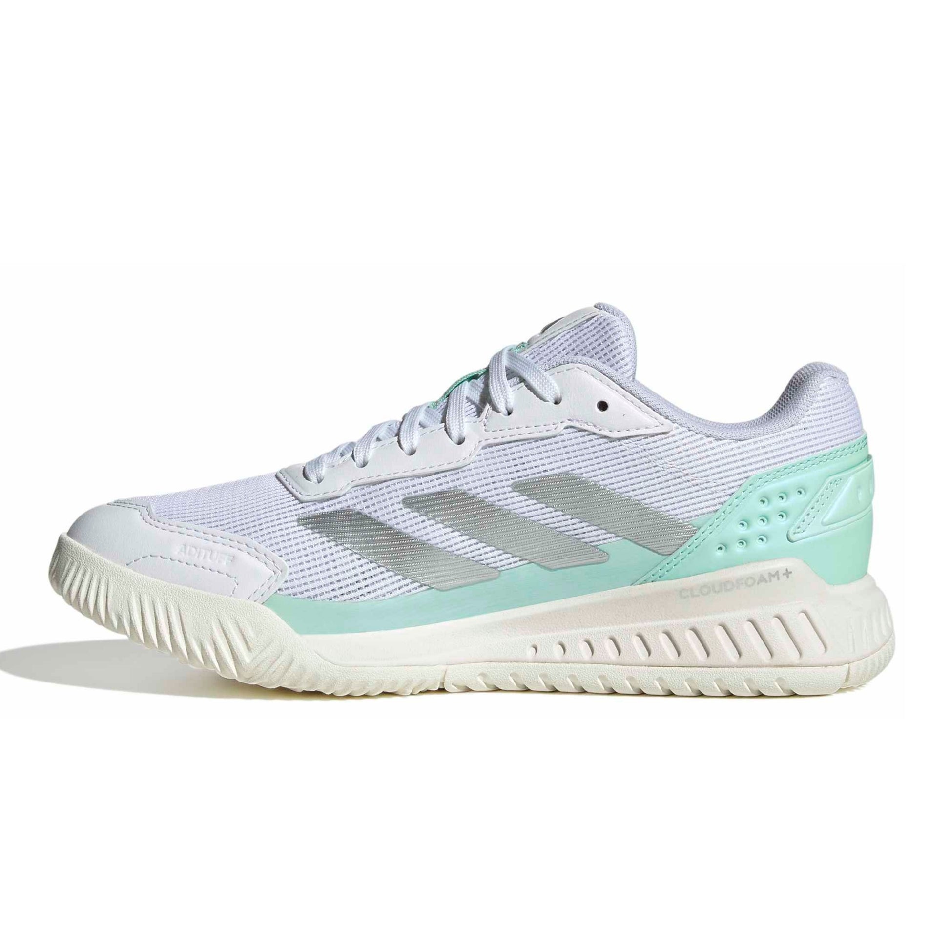 A white Adidas padel shoe with metallic silver stripes, a mint green heel accent, and a white midsole, shown from a side profile on a white background.