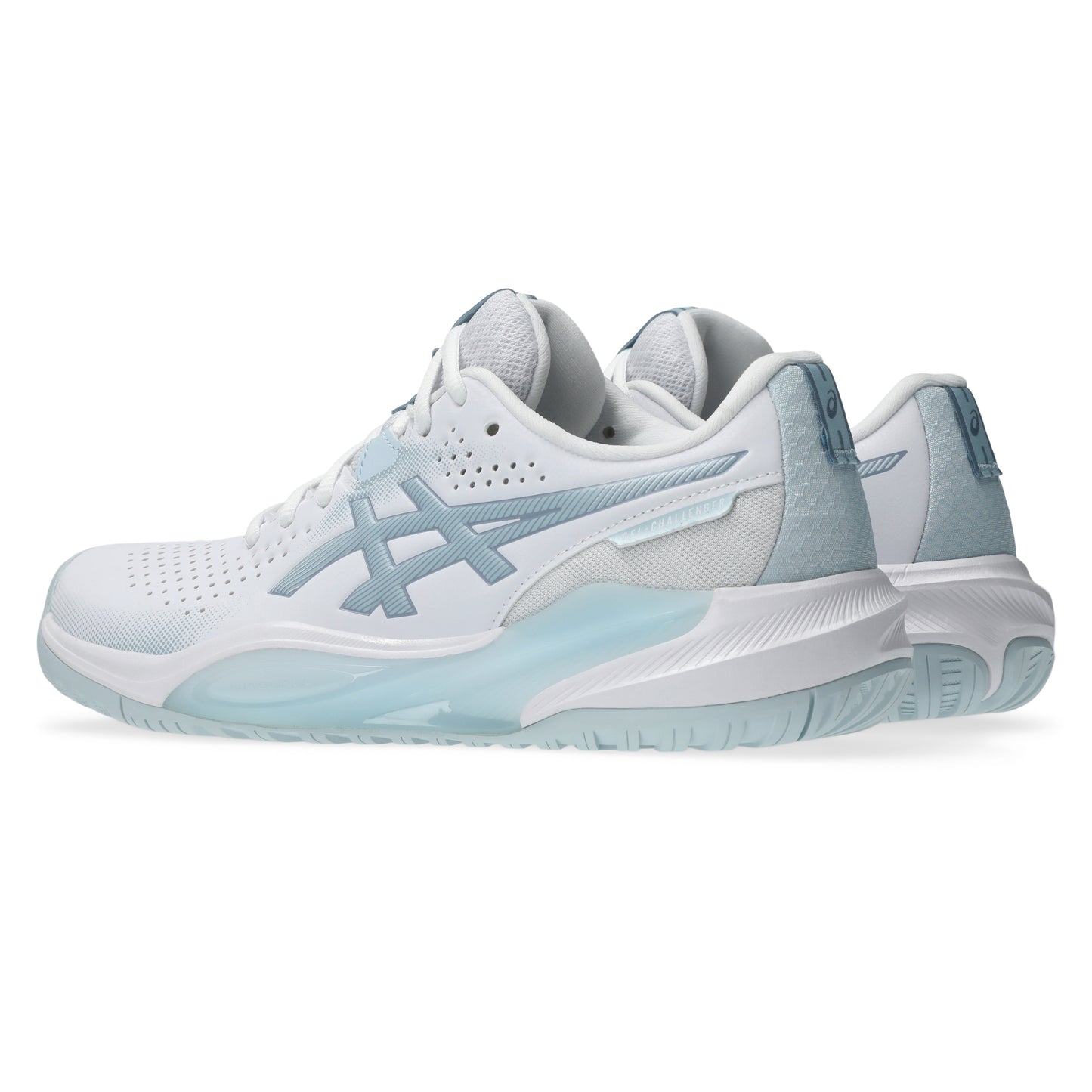 White and blue Asics shoes on a white background
