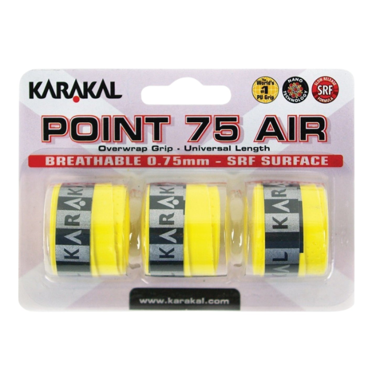 Karakal Point 75 Air overwrap grip packaging with three yellow grips on a white background