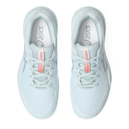 Light blue tennis shoes with Asics logo on a white background