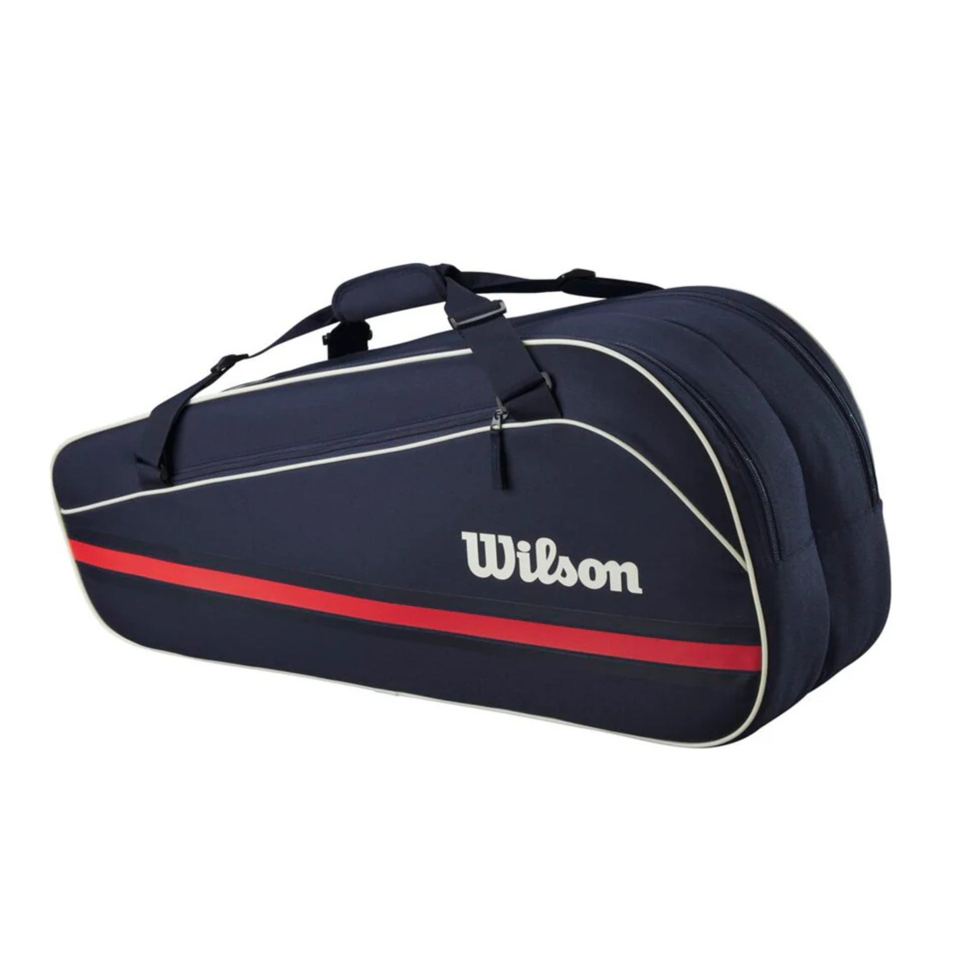 Navy blue tennis bag with red stripe and Wilson logo on a white background