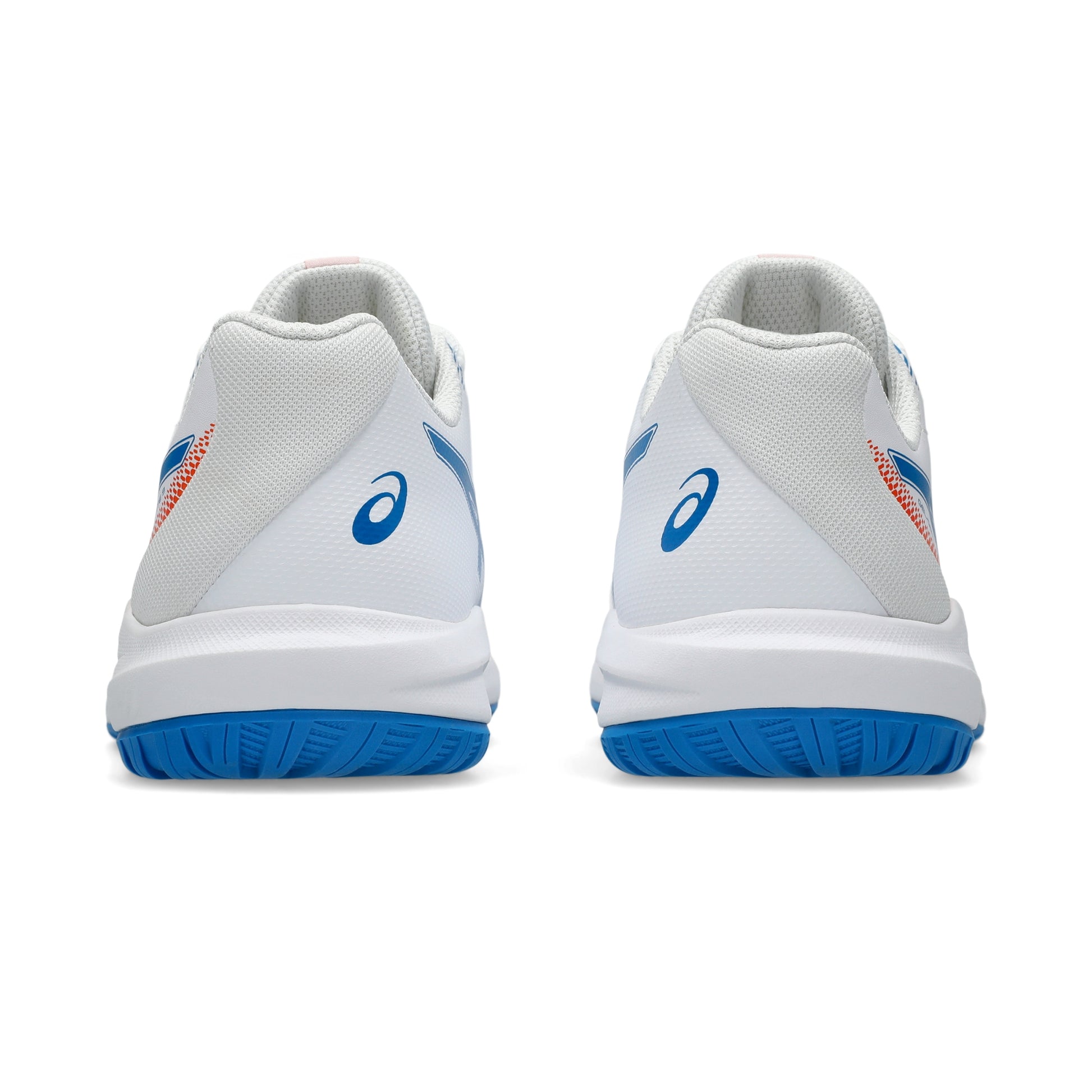A pair of white Asics tennis shoes shown from the rear, featuring blue logos and a blue outsole, with subtle orange accents on the heel.