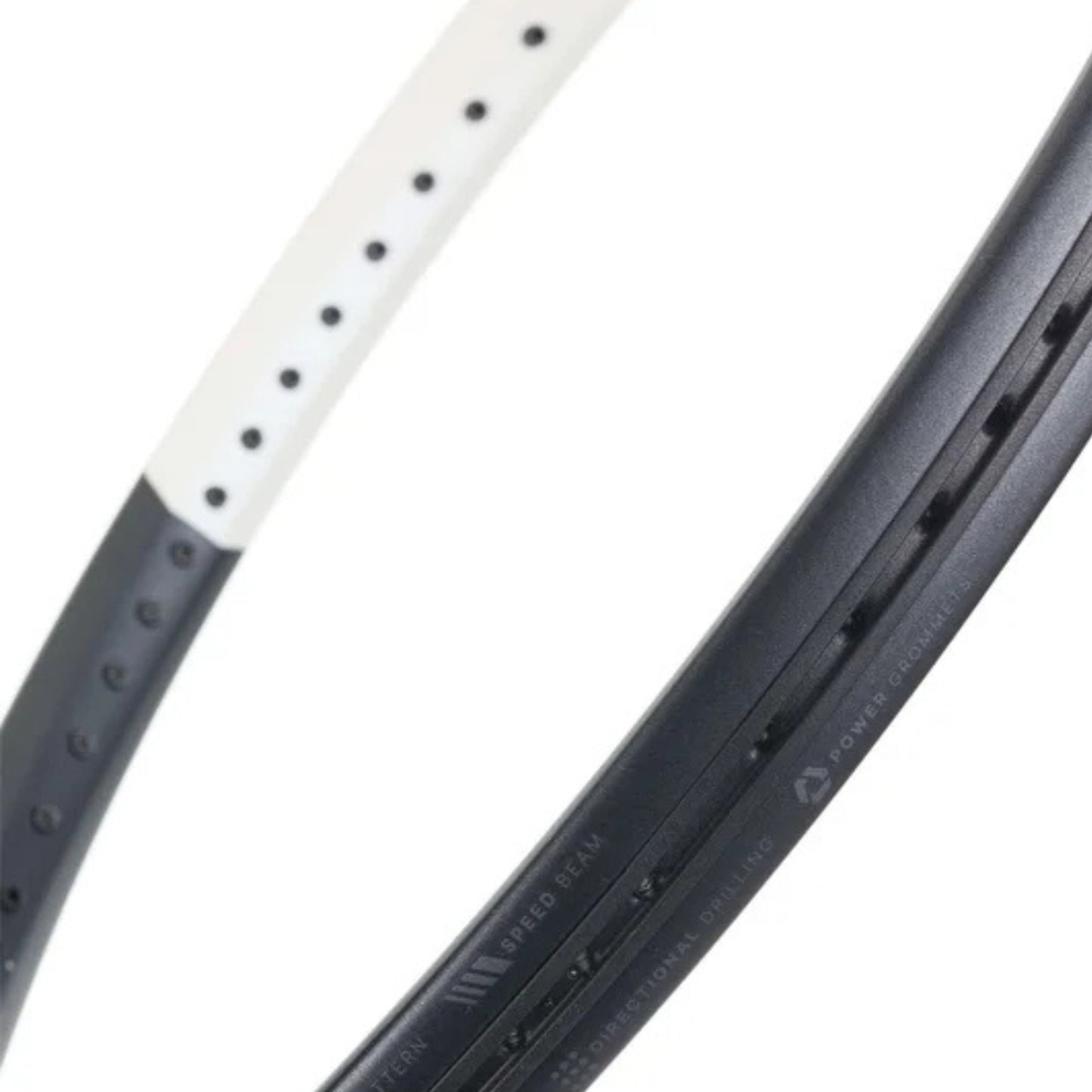 Close up of a tennis racket frame with black and white colours 
