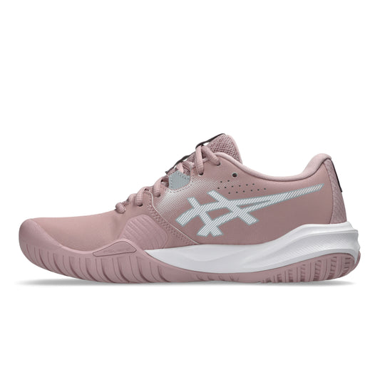 Pink tennis shoe with white accents on a white background