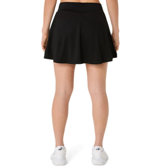 Black Asics tennis skirt with a brand logo worn by a person on a white background