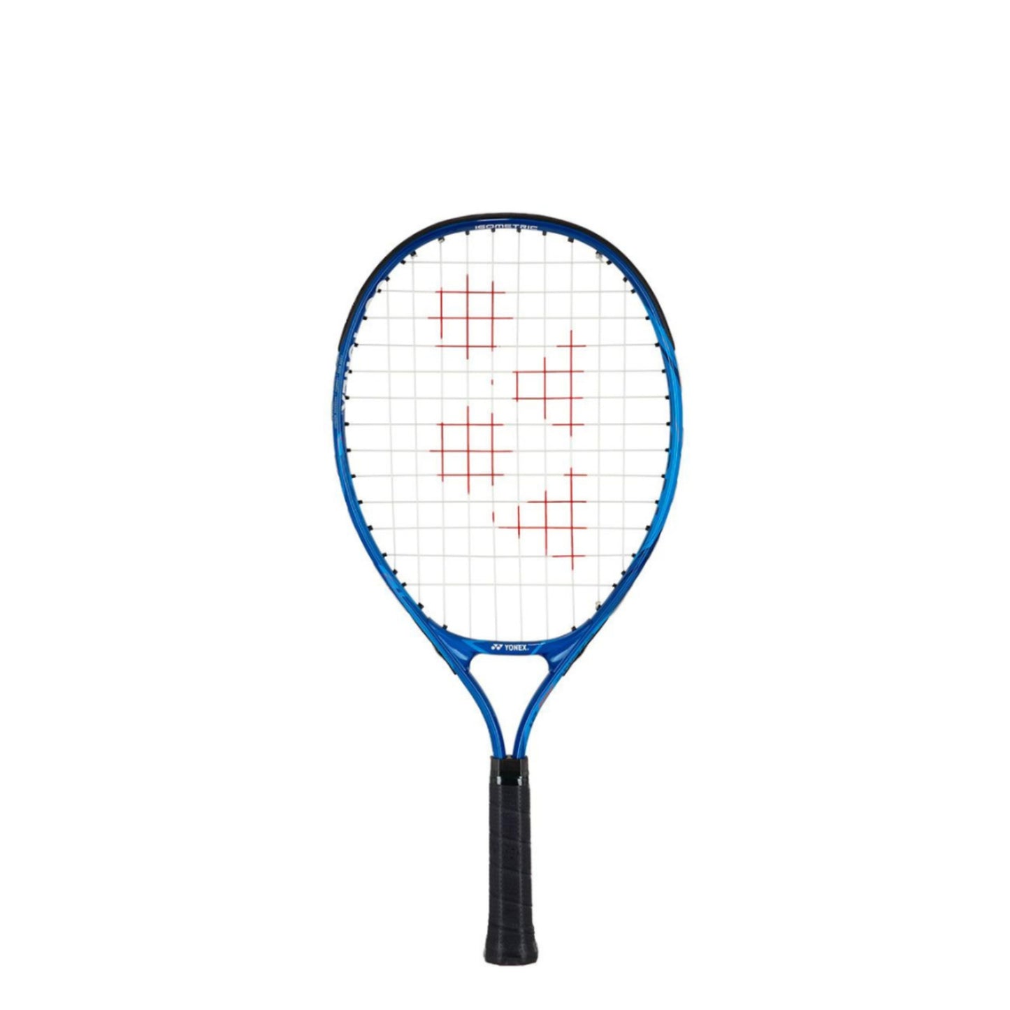 Blue yonex kids racket with logo on the curve of the racket 