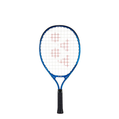 Blue yonex kids racket with logo on the curve of the racket 
