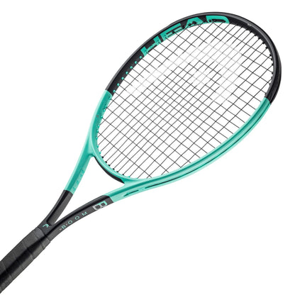 Head Tennis racket with green frame and black handle on a white background