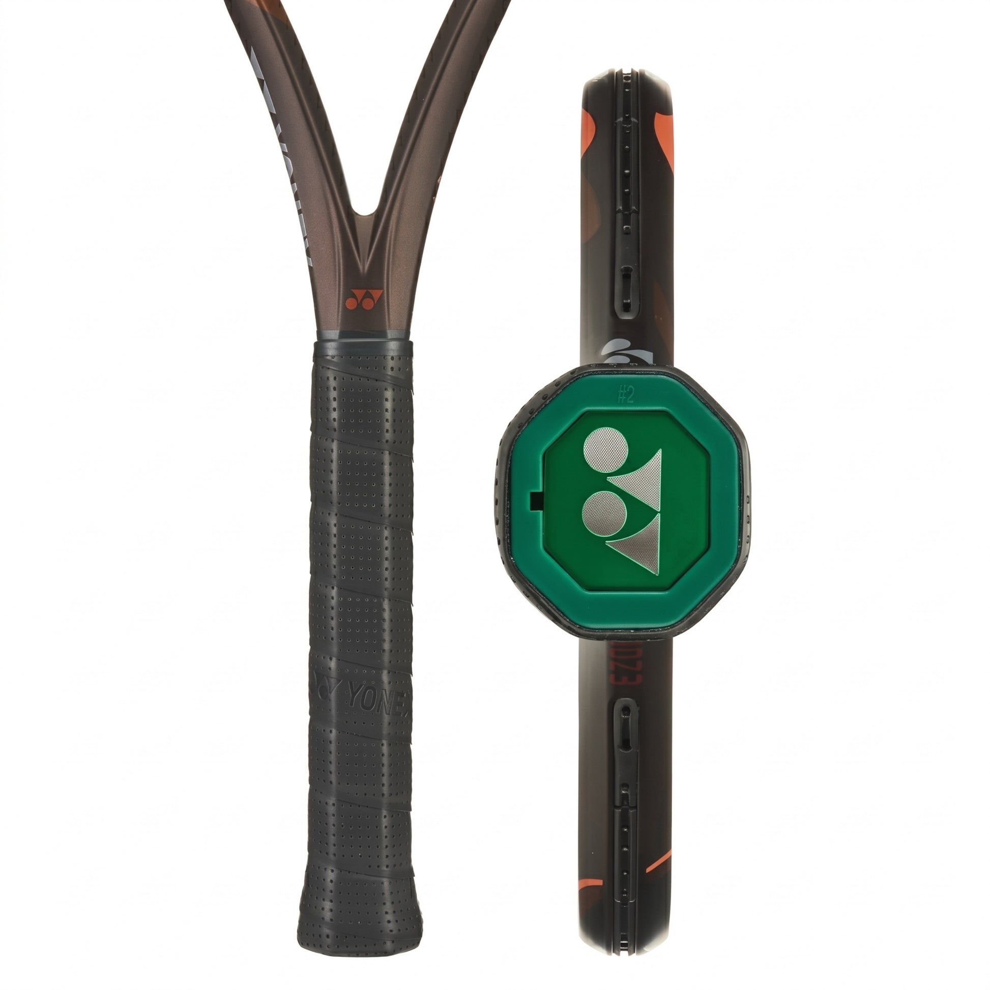 Brown Yonex tennis racket with a black handle and green logo on a white background
