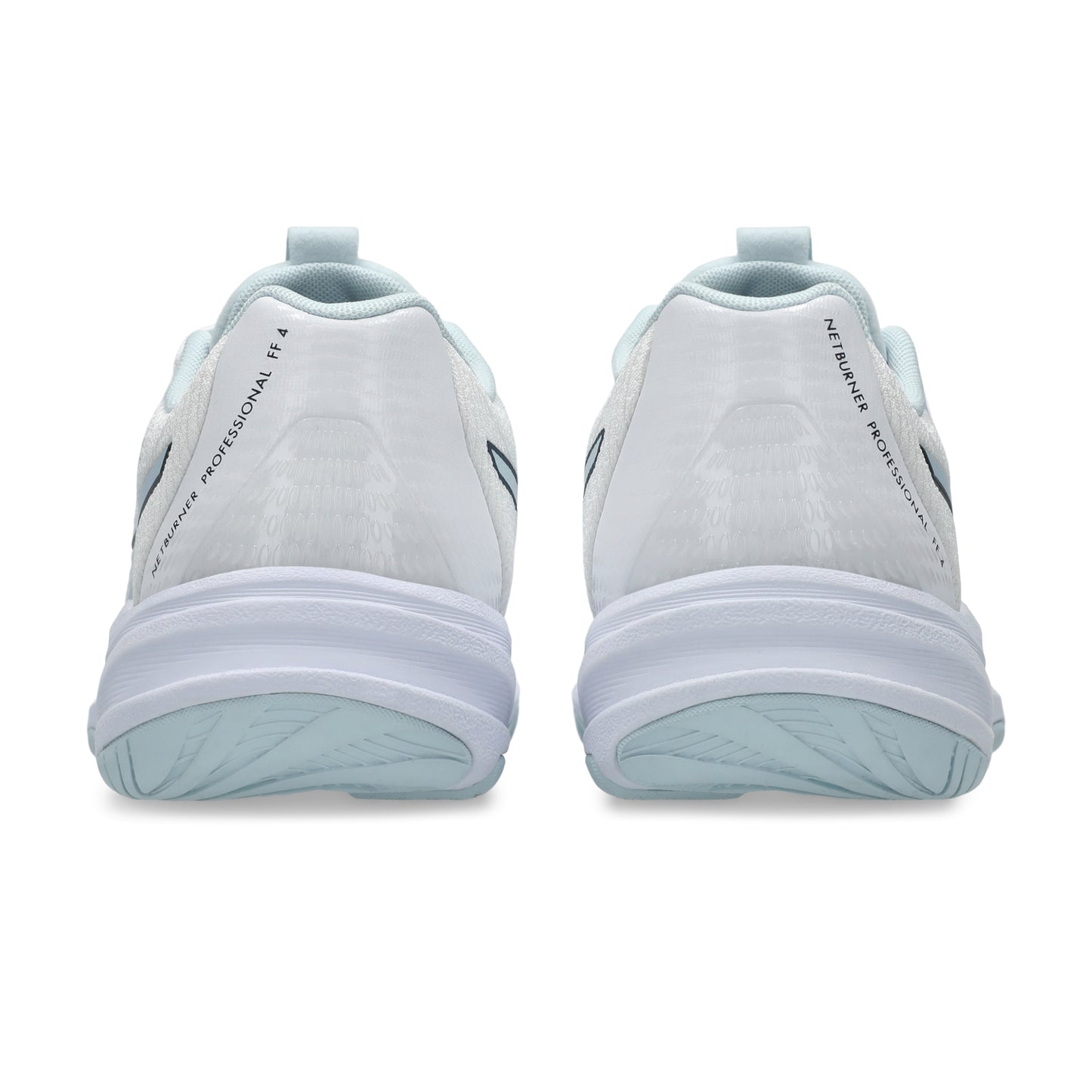 Pair of light blue netball shoes with white soles on a white background