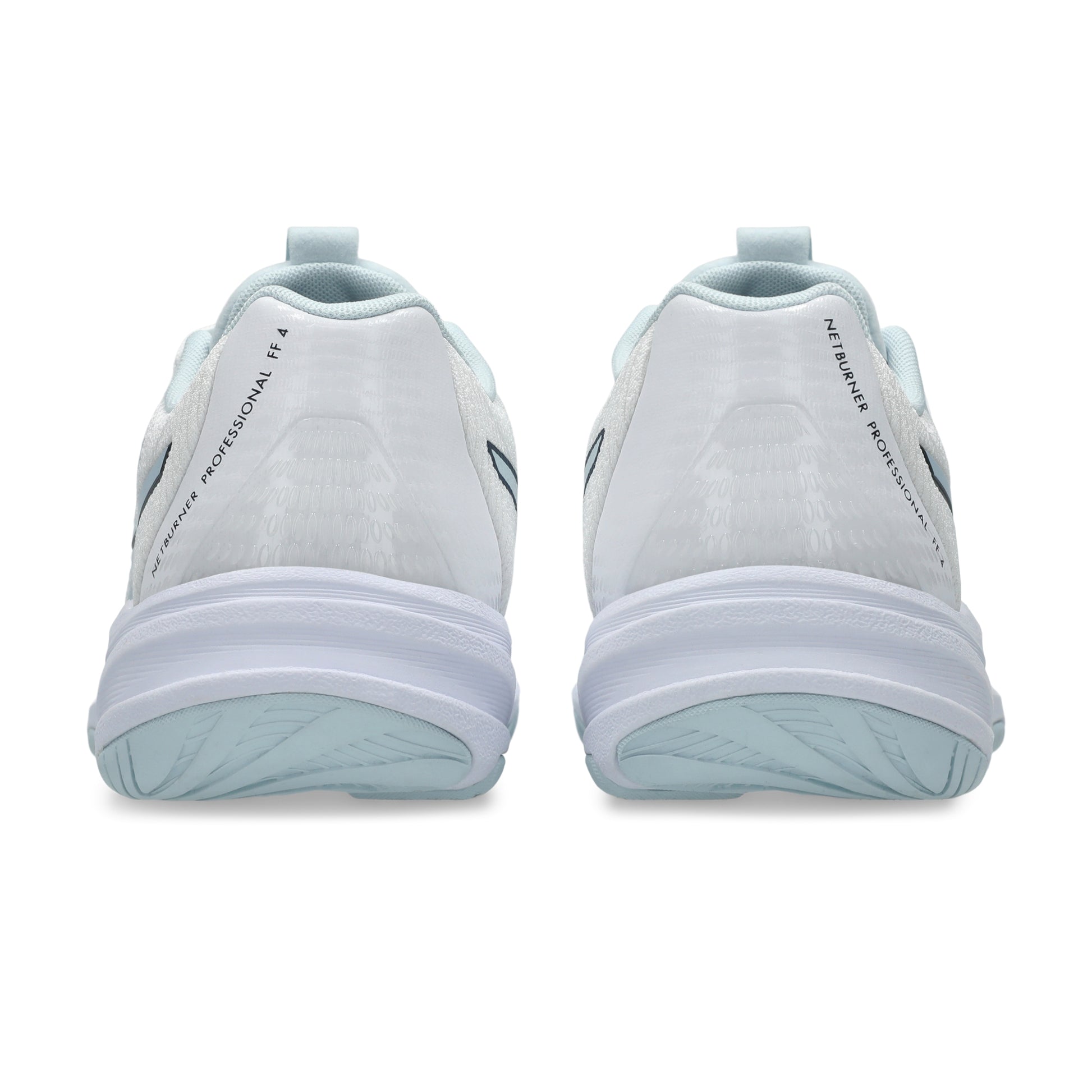 Pair of light blue netball shoes with white soles on a white background