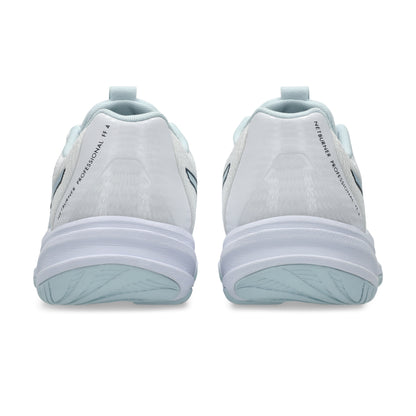 Pair of light blue netball shoes with white soles on a white background