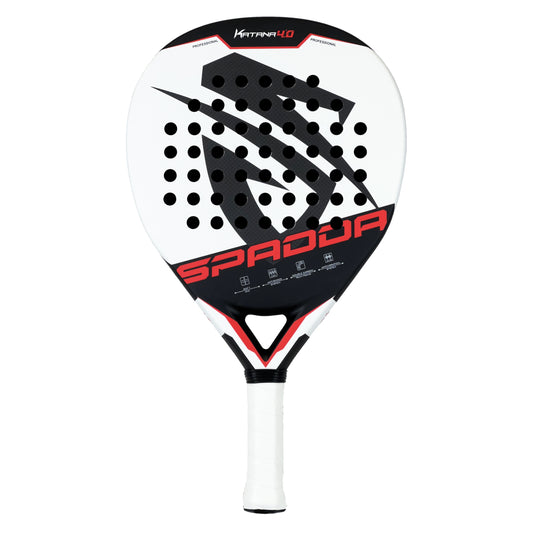 Spadda Padel racket with black and red design on a white background