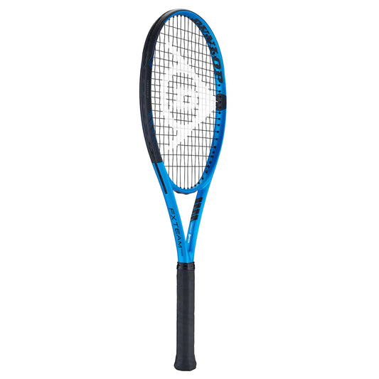 Dunlop tennis racket with blue frame and black handle on a white background