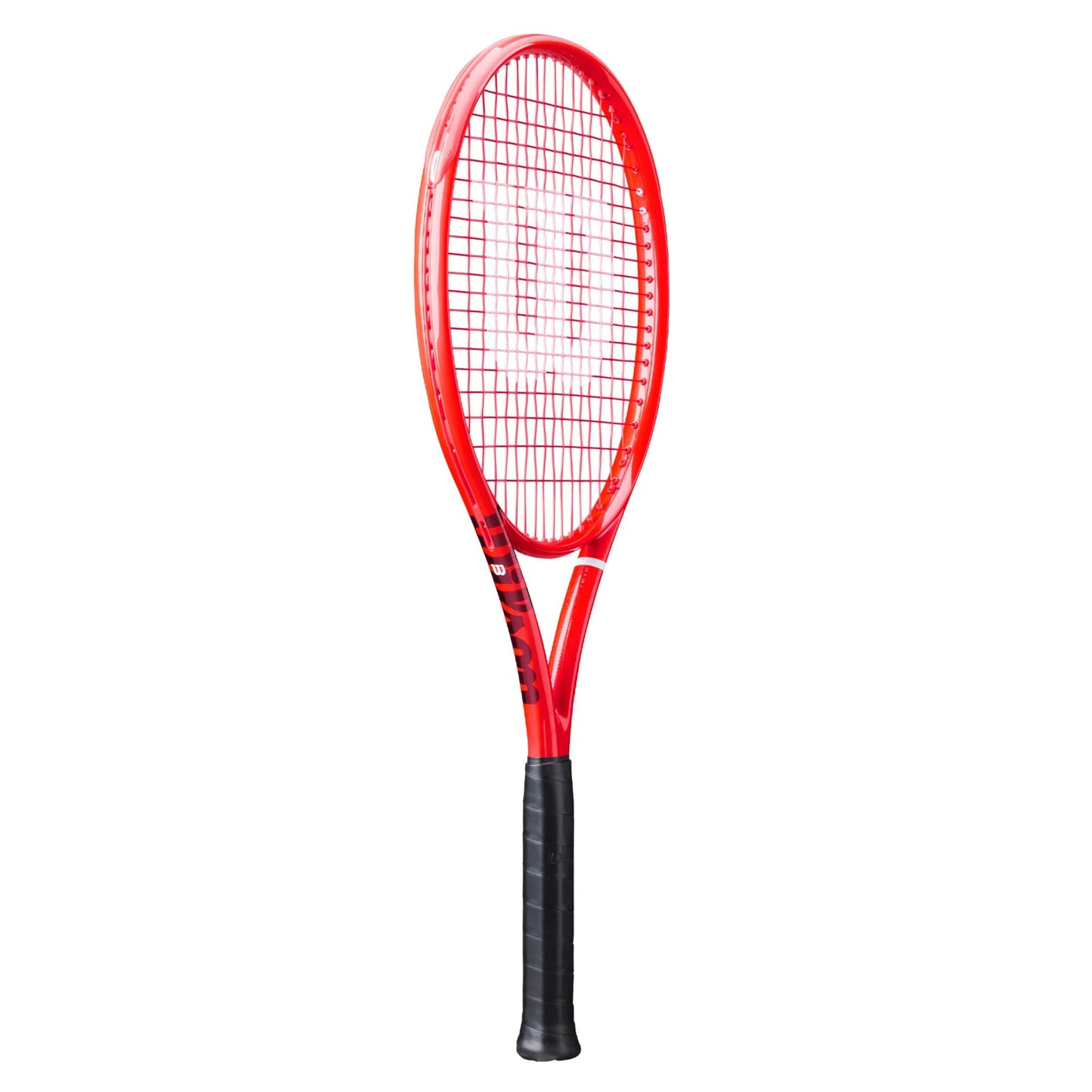A red and black Wilson tennis racket with white strings, shown vertically against a plain white background. The Wilson brand name is visible on the throat of the racket.