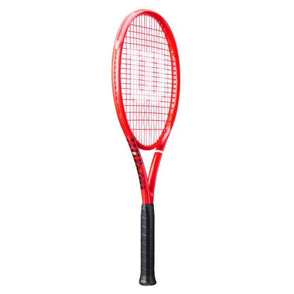 A red and black Wilson tennis racket with white strings, shown vertically against a plain white background. The Wilson brand name is visible on the throat of the racket.