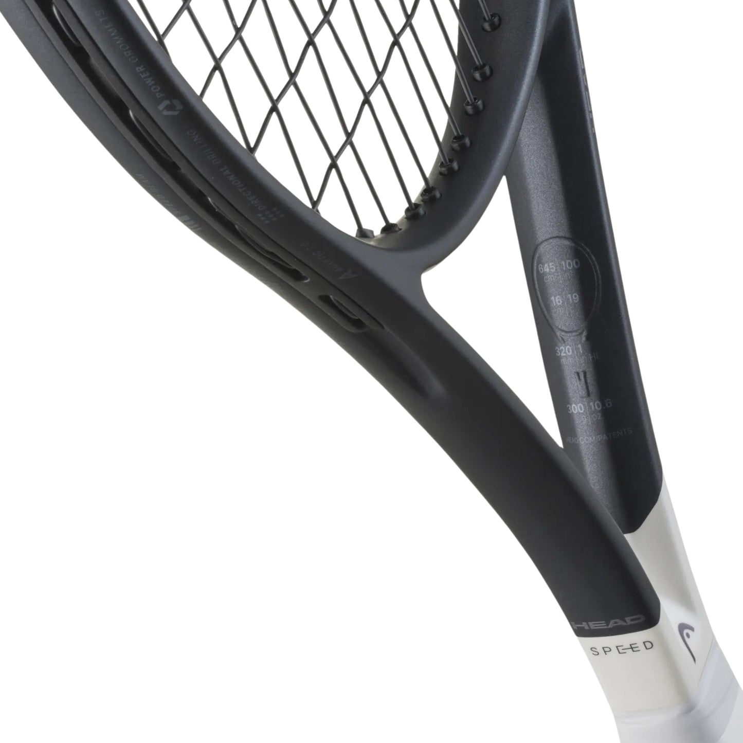 Close-up of a tennis racket with a white background