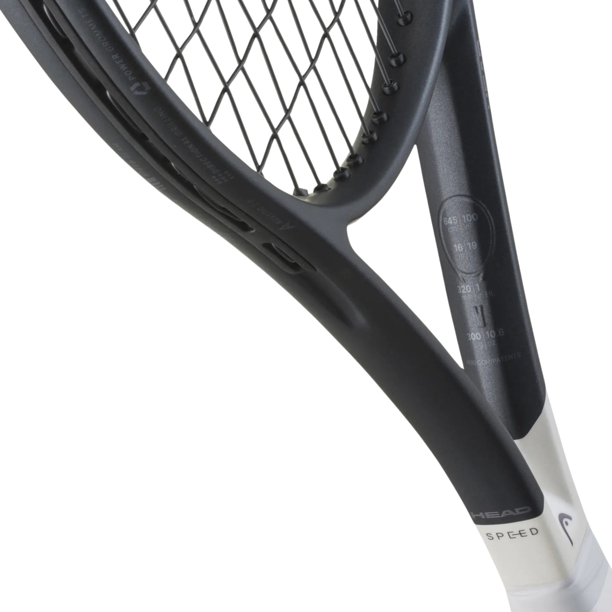 Close-up of a tennis racket with a white background