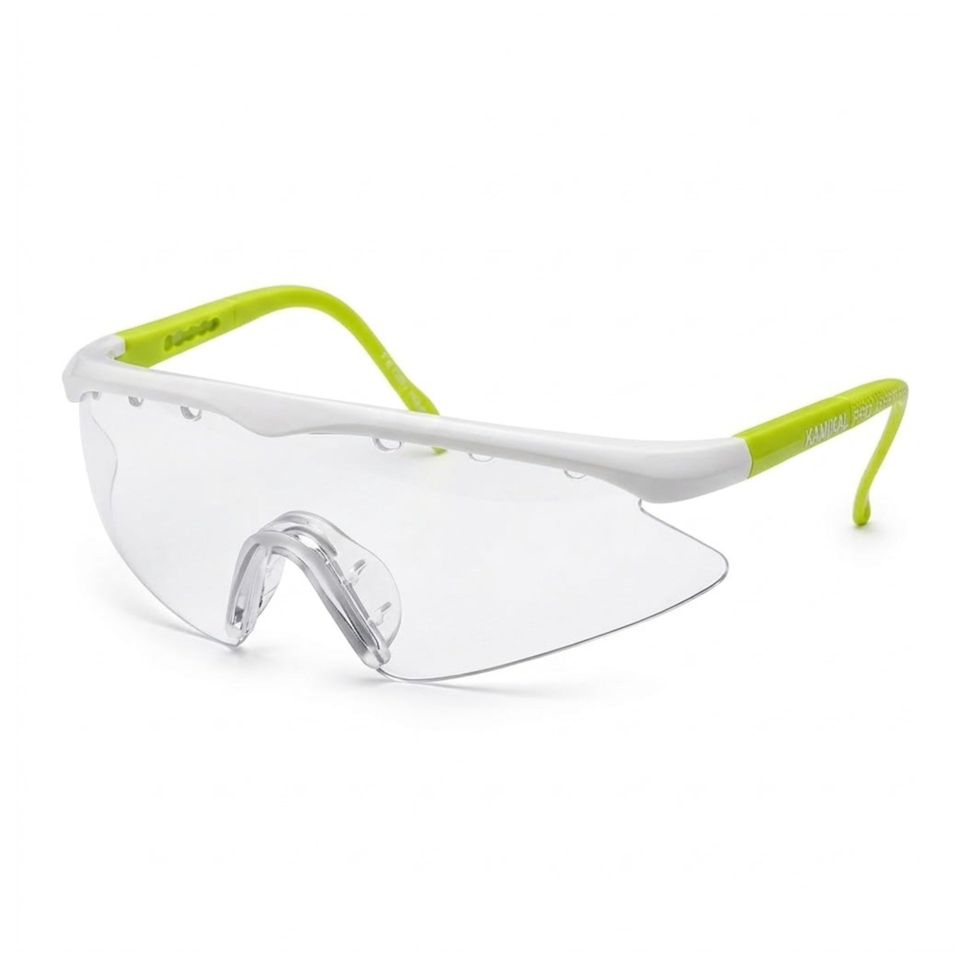 White safety glasses with green frames on a white background