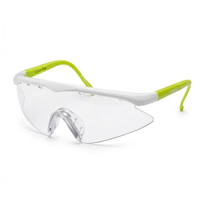 White safety glasses with green frames on a white background