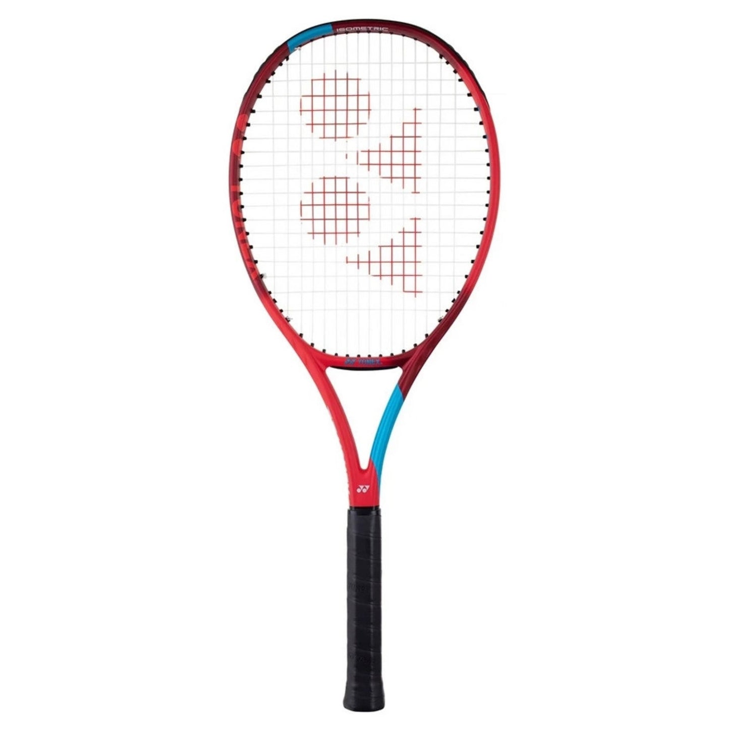 Red and blue tennis racket with a white strings pattern on a white background