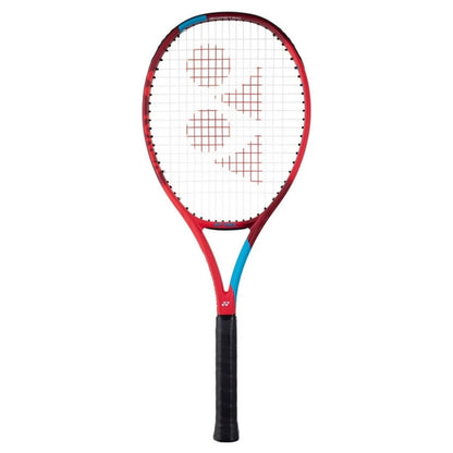 Red and blue tennis racket with a white strings pattern on a white background