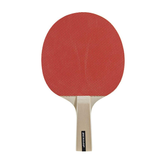 Red table tennis bat with a beige handle on a white background
