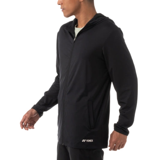 Person wearing a black hoodie with Yonex logo on a white background
