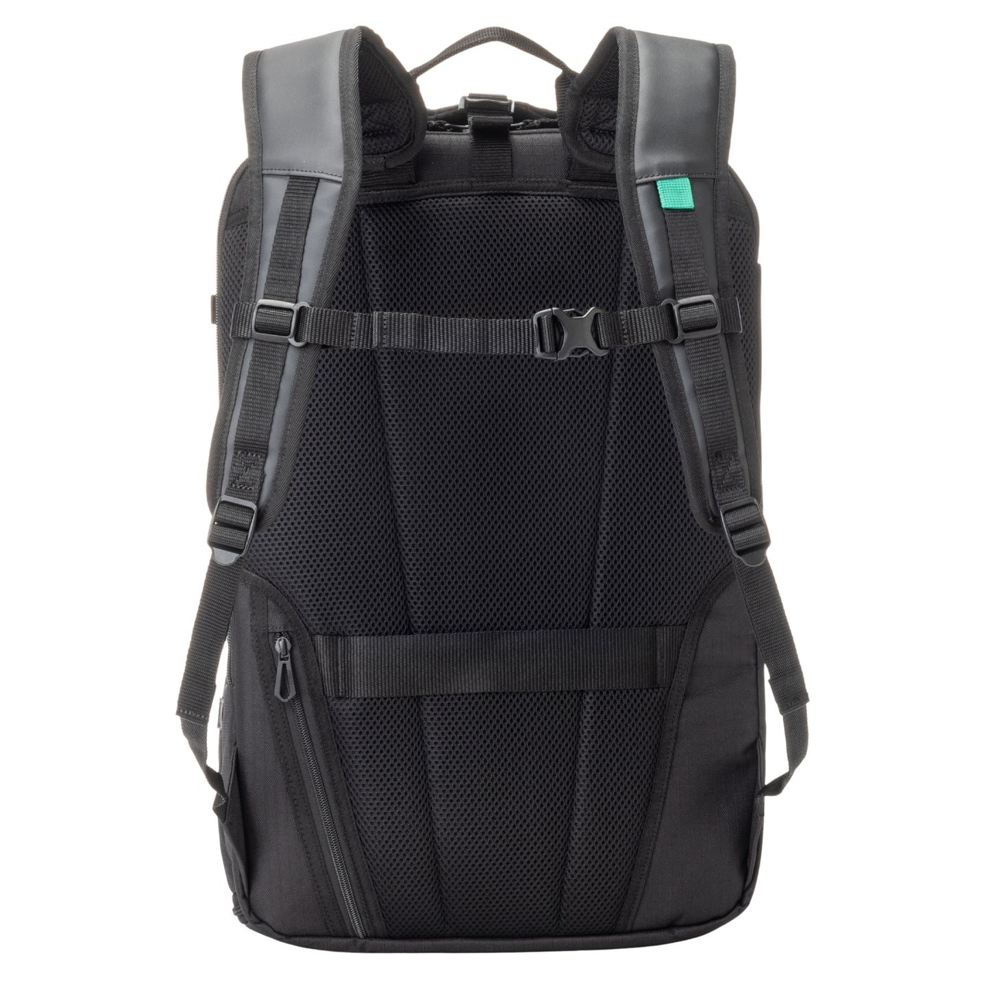 Black backpack with black straps on a white background