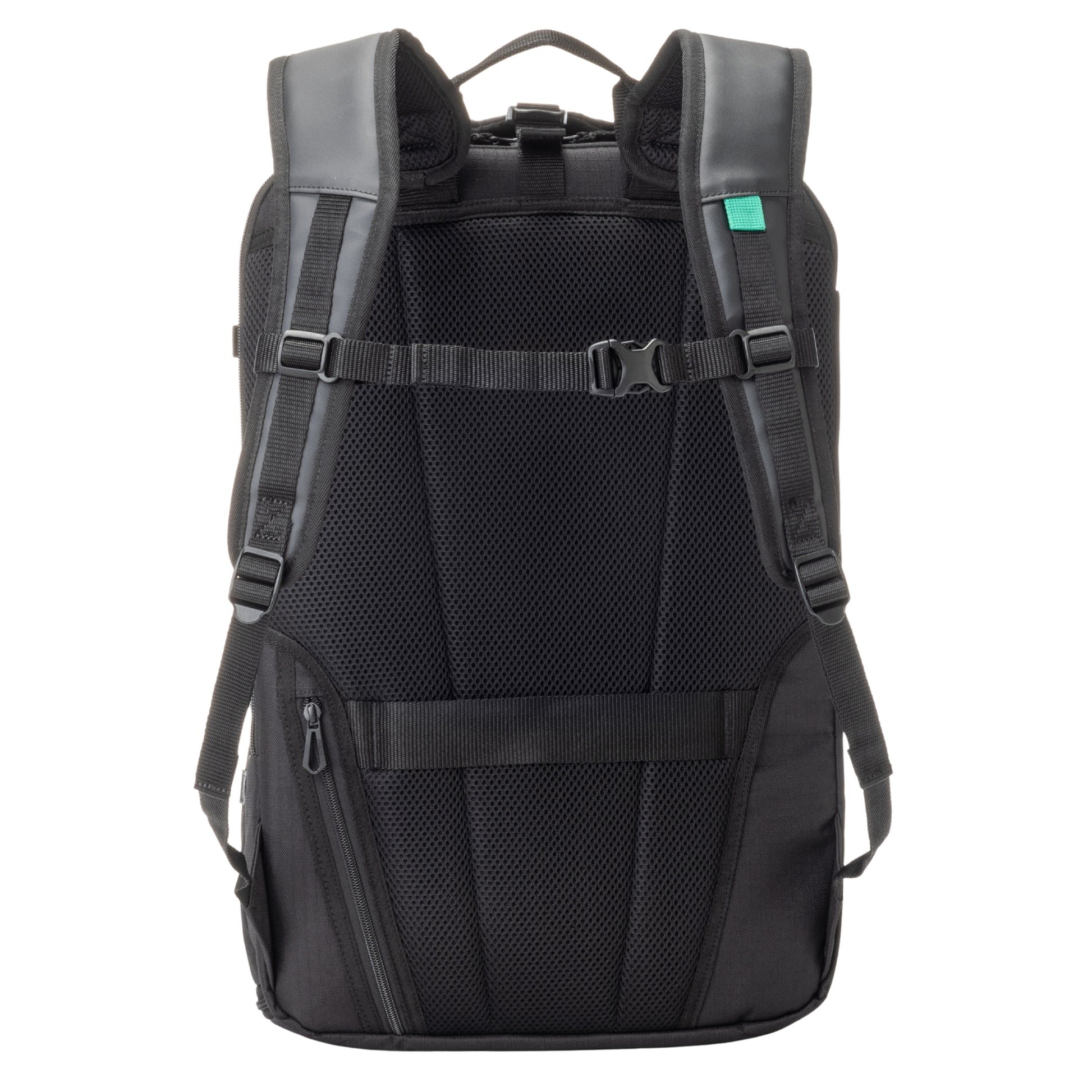Black backpack with black straps on a white background
