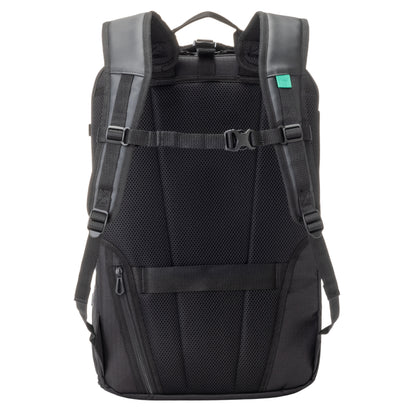 Black backpack with black straps on a white background