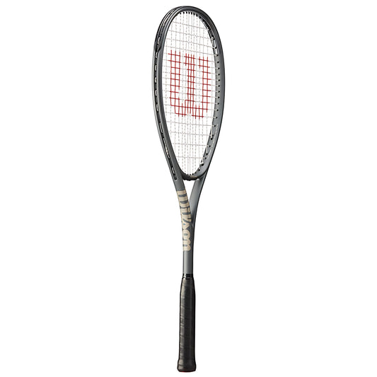 Squash racket with a black frame and red Wilson logo on a white background