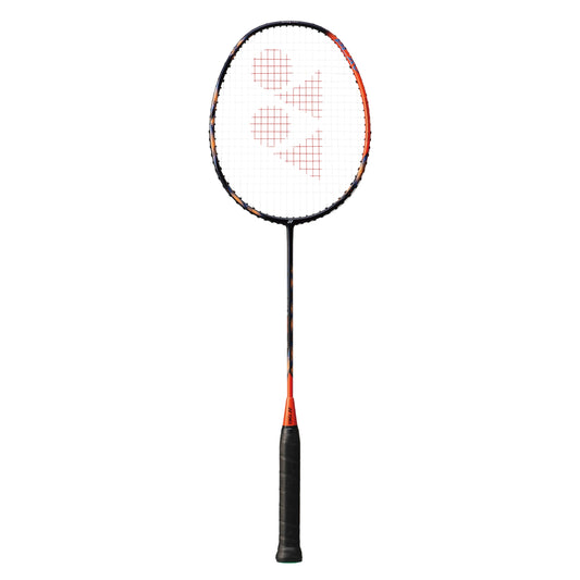 Orange Yonex badminton racket on a white background