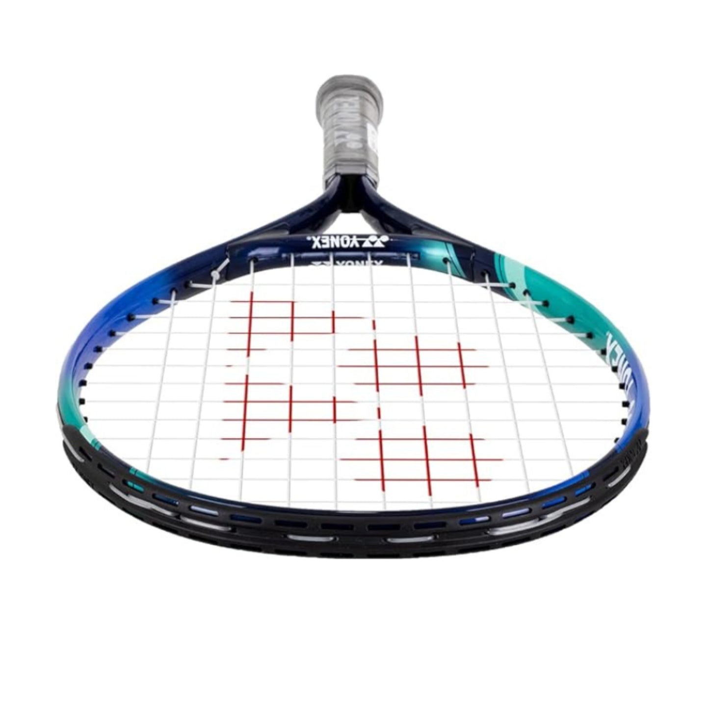 Yonex blue and green racket from the top view