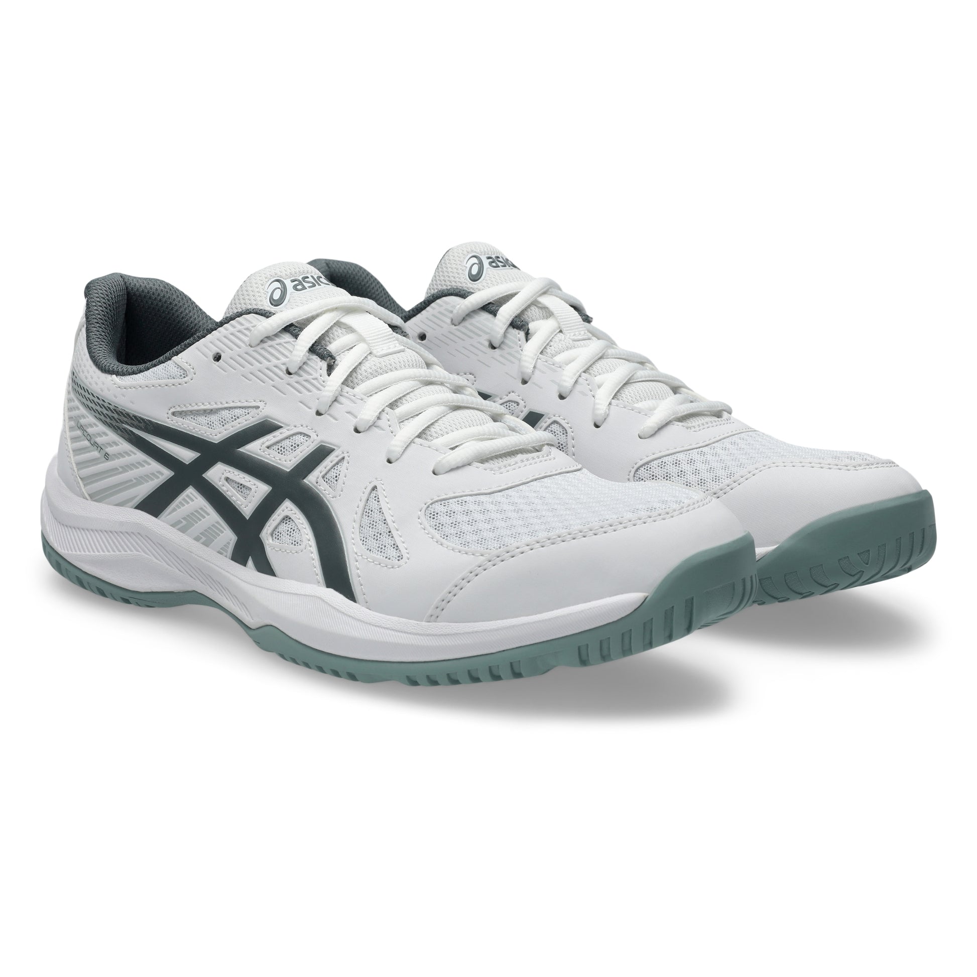 A pair of Asics squash shoes in white with dark gray accents and a muted green sole, shown on a clean white background.