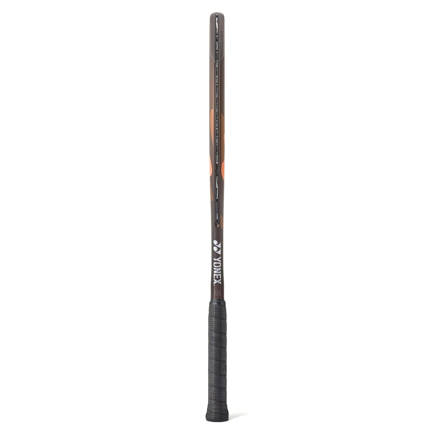 A side view of a brown and range Yonex tennis racket with a black grip on a white background