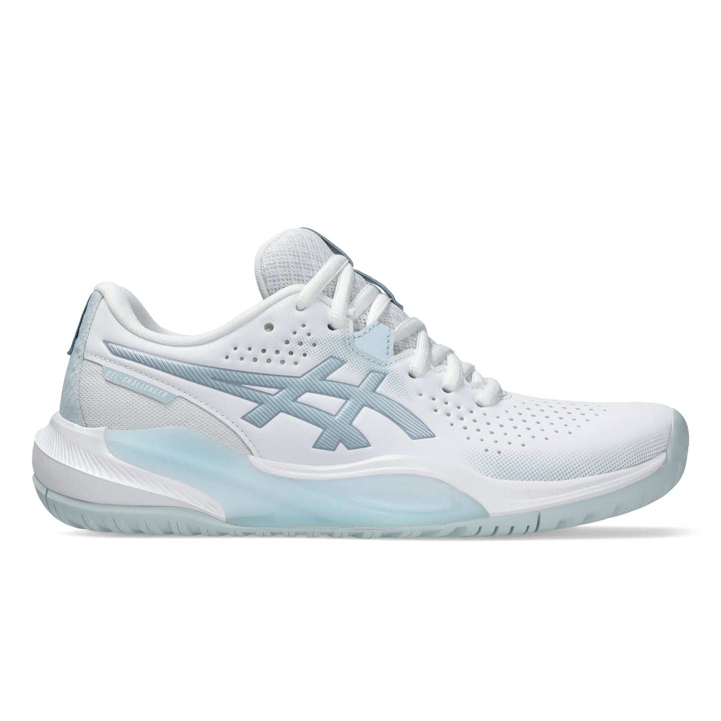 White and blue Asics shoe on a white background