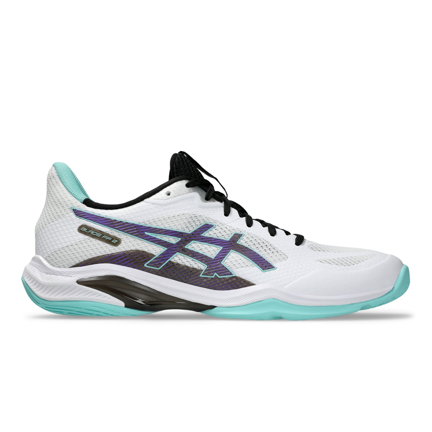 ASICS BLADE FF 2 tennis shoe in white with purple and black accents, featuring a light teal outsole, shown in a side profile on a white background.