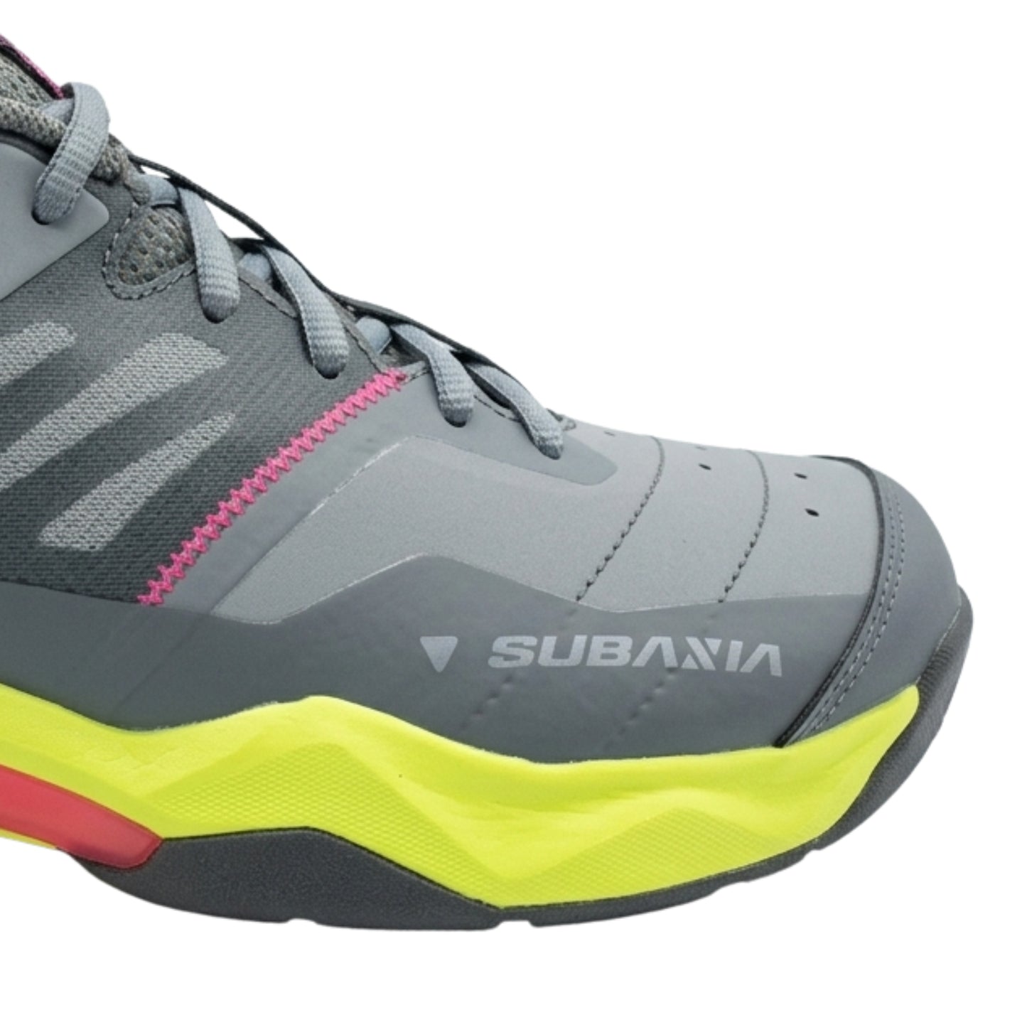 Gray Yonex squash shoe with colorful sole on a white background
