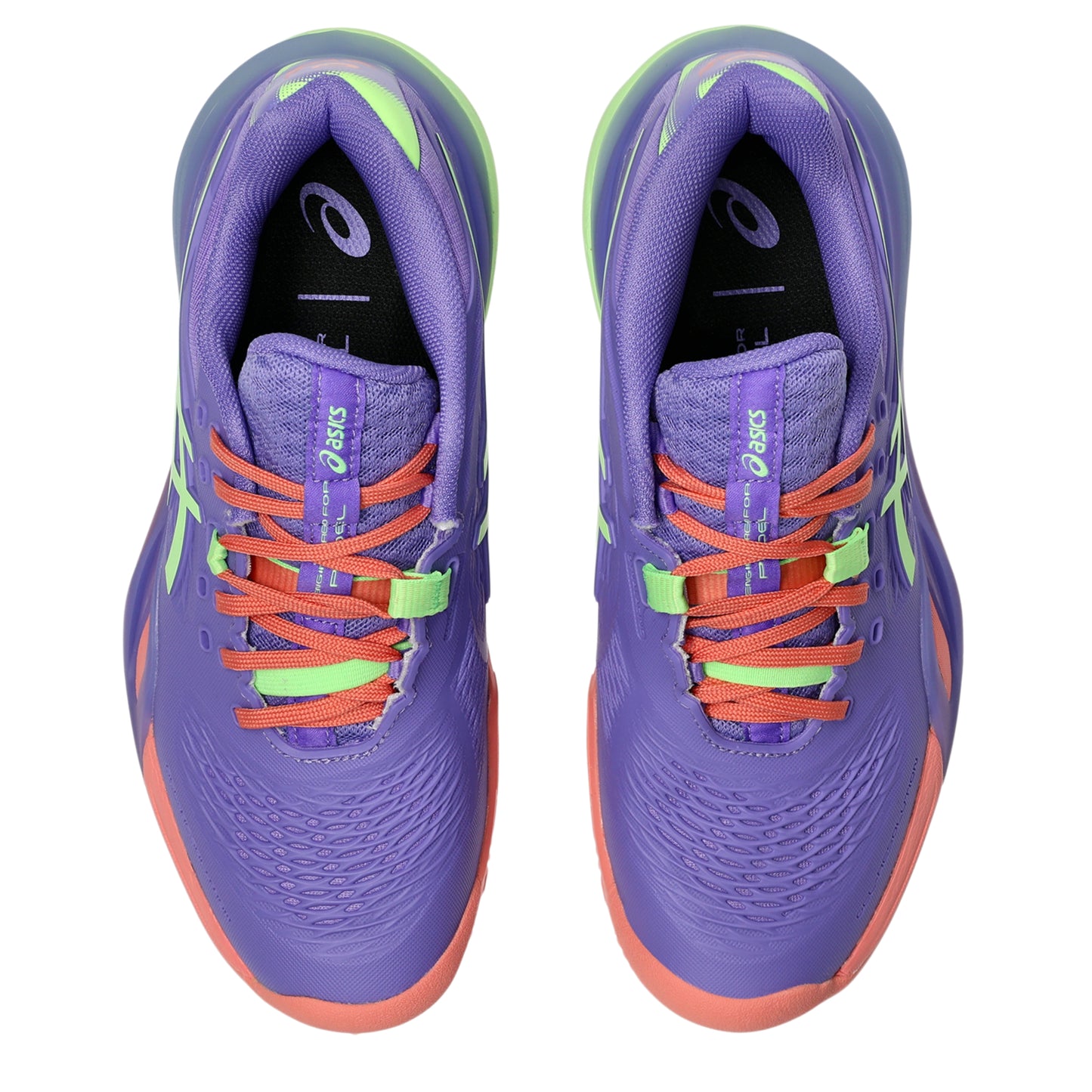 Purple padel shoes with orange and green accents on a white background