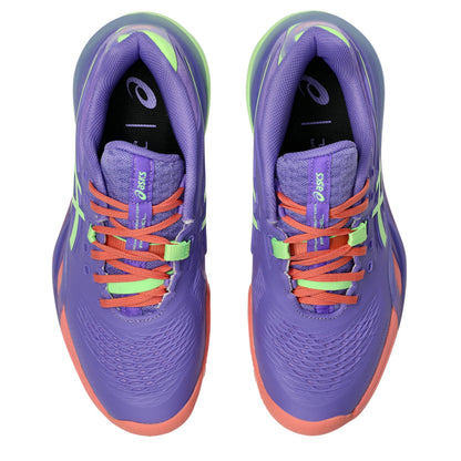 Purple padel shoes with orange and green accents on a white background
