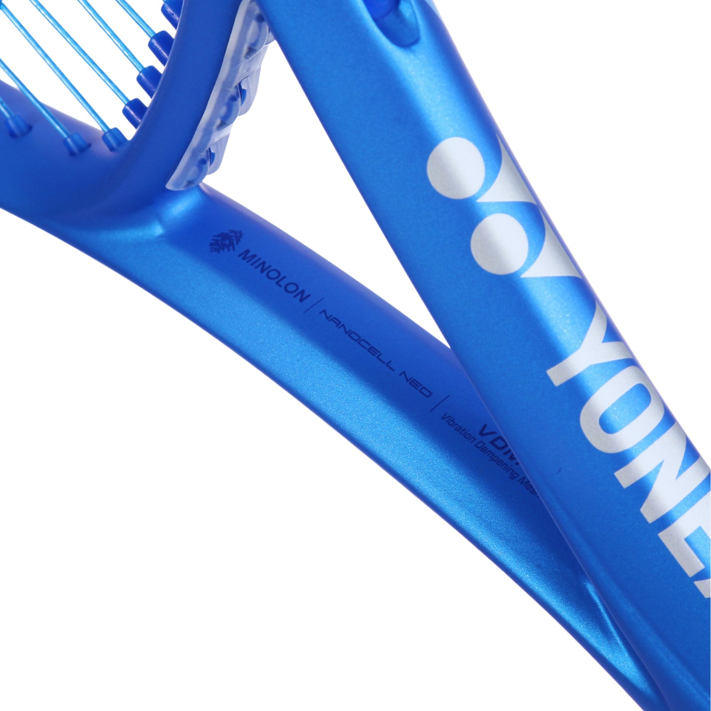 Close-up of a blue tennis racket with Yonex branding on a white background