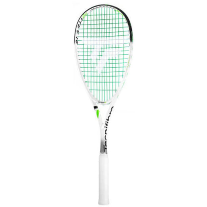 A Tecnifibre squash racket with a white frame, green and white stringing, and a white grip, shown vertically against a plain white background.