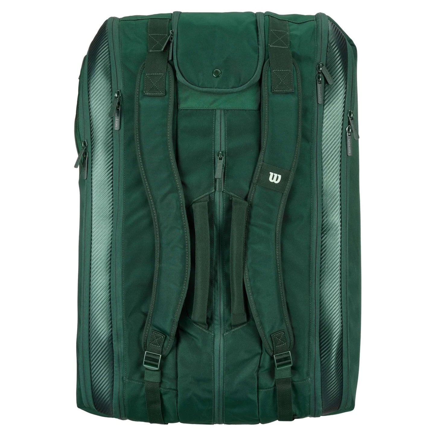 Green tennis racket bag with straps on a white background