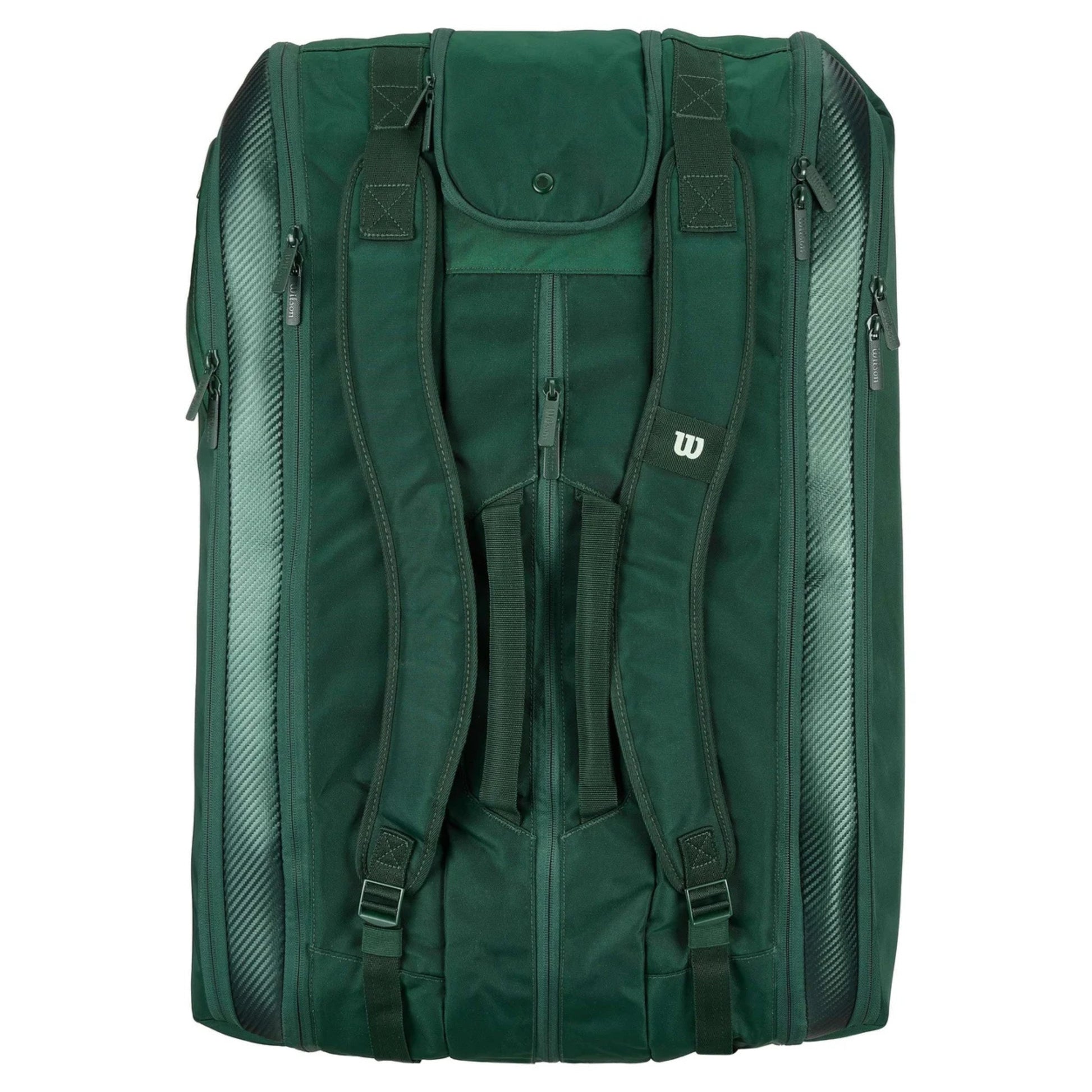 Green tennis racket bag with straps on a white background