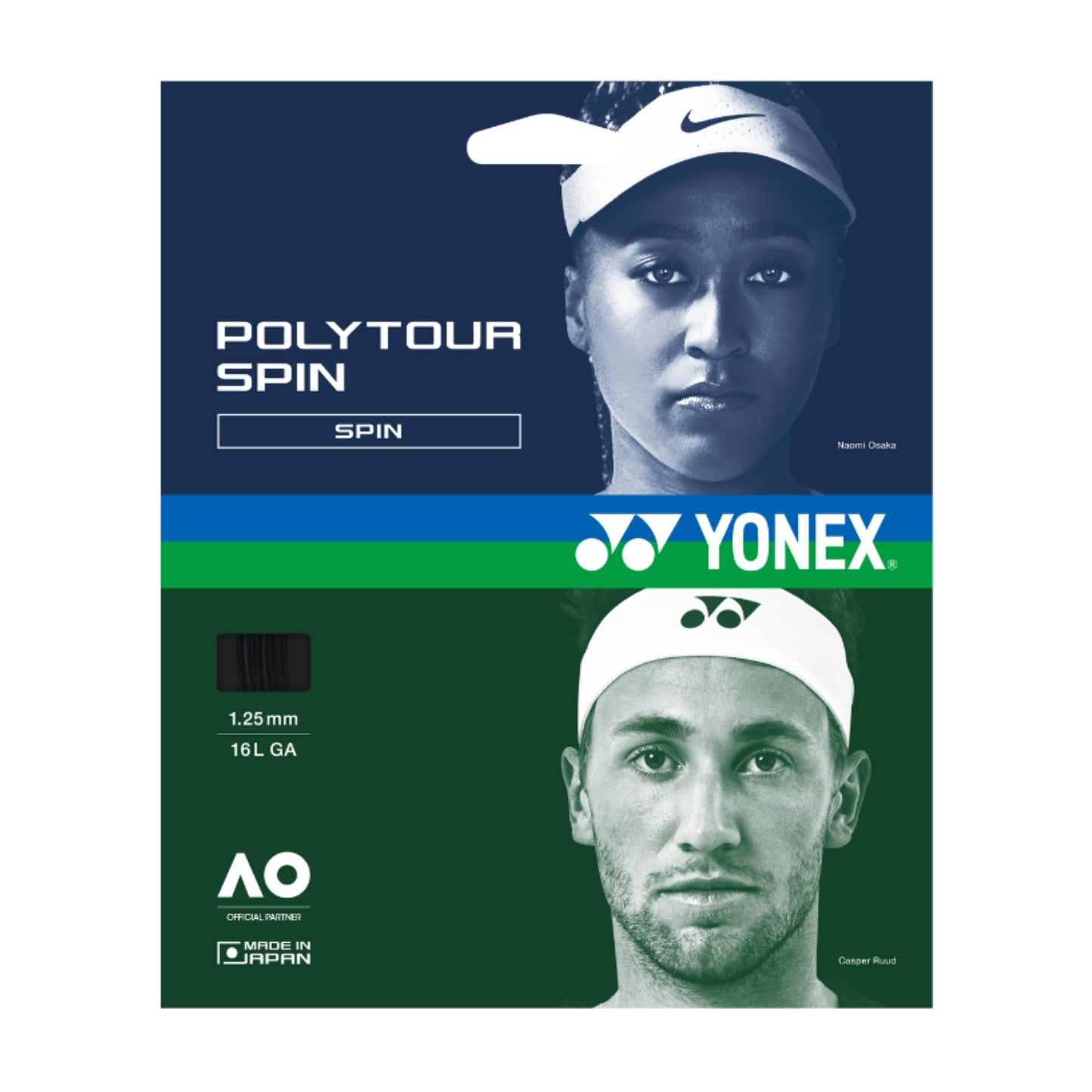 Yonex tennis string packaging with two faces and branding